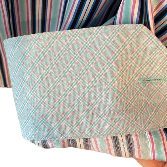 Bugatchi Sz XL* Seafoam Green Navy Blue Stripes Plaid Flip Cuffs Dress Shirt - Picture 6 of 7